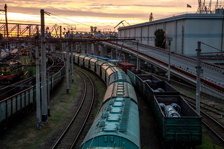 View of the railway from the bridge at sunset.
